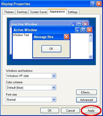 Apply button in the Display Properties window